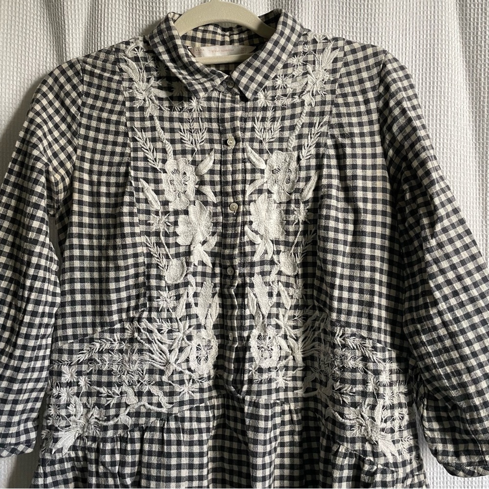 Embroidered Gingham Black and White Long Sleeve Zara Dress
